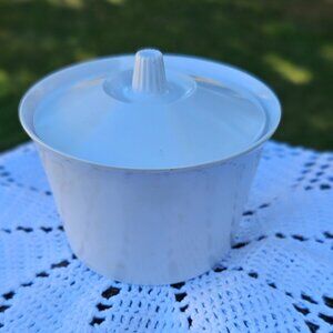 Genuine Melamine white plastic sugar dish with lid circa 1960s-70s MCM mod lid